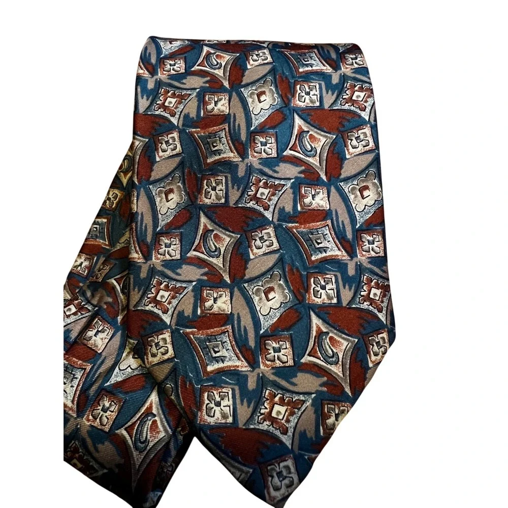 Saddlebred Geometric Abstract Necktie‎ Mens Blue Rust Tan EUC Classic Silk Blend